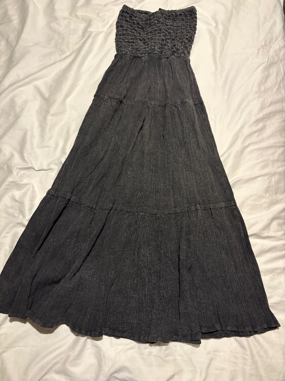 Collusion Gray Smocked Halter Tiered Boho Maxi Dress Crinkle Cotton US 6